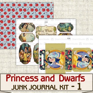 Puede incluir: Un kit de diario de chatarra imprimible con Blancanieves y los Siete Enanitos. El kit incluye un papel estampado con manzanas rojas sobre un fondo azul, varias im&aacute;genes imprimibles de Blancanieves y los enanitos, y una plantilla de caja imprimible. El texto "Blancanieves y los Siete Enanitos" y "Princess and Dwarfs Junk Journal Kit - 1" est&aacute; incluido en la imagen.