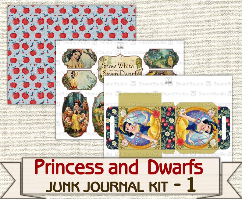 Puede incluir: Un kit de diario de chatarra imprimible con Blancanieves y los Siete Enanitos. El kit incluye un papel estampado con manzanas rojas sobre un fondo azul, varias im&aacute;genes imprimibles de Blancanieves y los enanitos, y una plantilla de caja imprimible. El texto "Blancanieves y los Siete Enanitos" y "Princess and Dwarfs Junk Journal Kit - 1" est&aacute; incluido en la imagen.