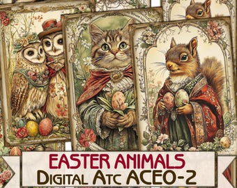 Vintage Easter animals picture collage printable cards atc + BONUS,decoupage digital papers set-2