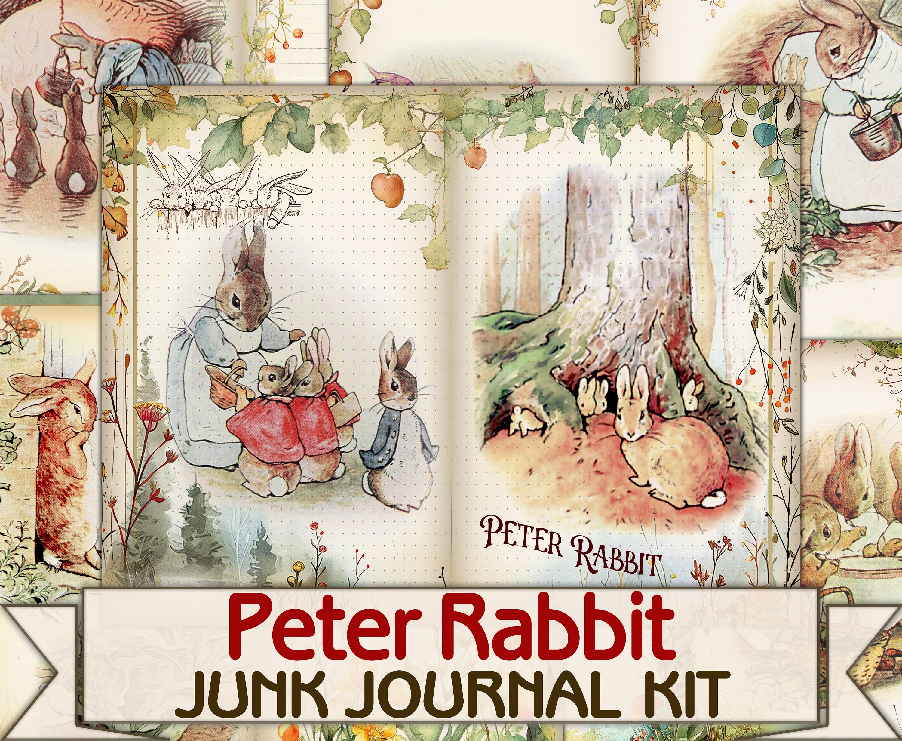 Peter Rabbit Beatrix Potter junk journal pages,fantasy fairy tale,vintage Scrapbooking kit