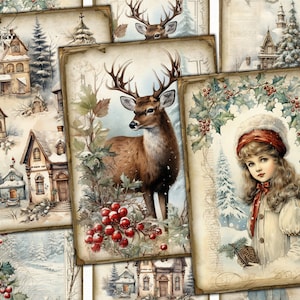Wiktoriańskie świąteczne kolaże ze zdjęciami do wydrukowania kartki atc, zestaw papierów cyfrowych do decoupage'u na Boże Narodzenie