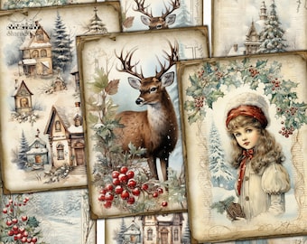 Victorian Christmas picture collage printable cards atc,xmas decoupage digital papers set