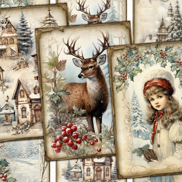 Victorian Christmas picture collage printable cards atc,xmas decoupage digital papers set