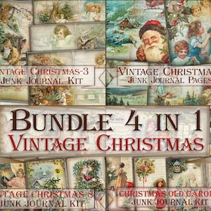 Vintage Christmas kit,Junk Journal winter digital pages Bundle,Printable Collage papers