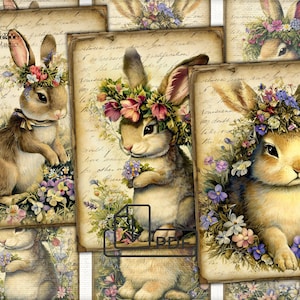 Cartes imprimables numériques vintage de collage de lapin de Pâques Atc ACEO-4