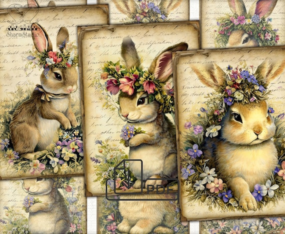 Vintage Easter Bunny Collage Digital picture printable cards Atc ACEO-4
