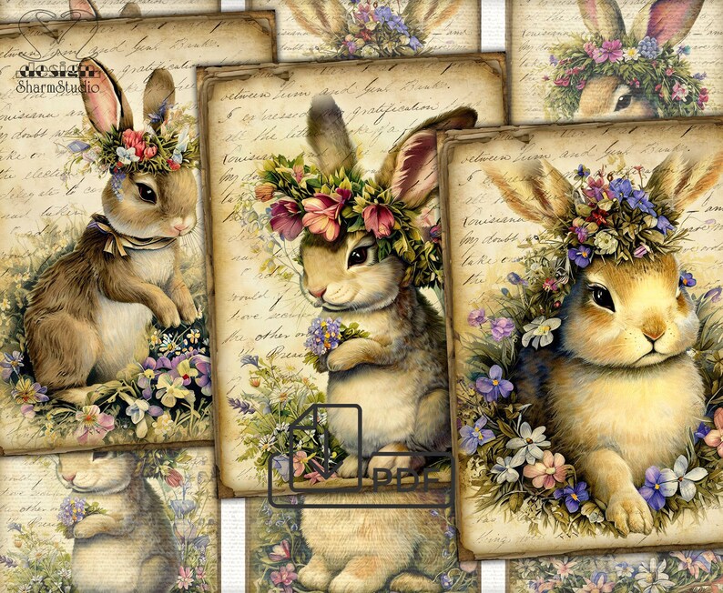 May include: Four vintage-style images of brown rabbits wearing floral wreaths. Each image has a background of faded text and a floral border.