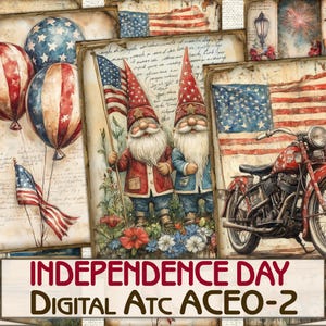 Cartões para impressão de colagem de fotos do Dia da Independência Vintage atc + BÔNUS, conjunto de papéis digitais para decoupage - 2