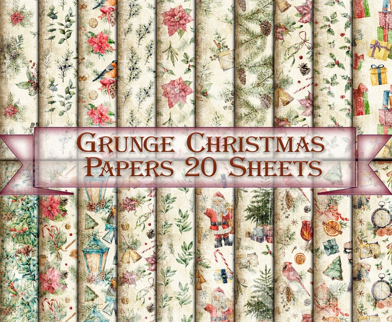 Vintage Kit Backgrounds Grunge Christmas print,Collage Sheets,xmas Printable 20 Pages image 1