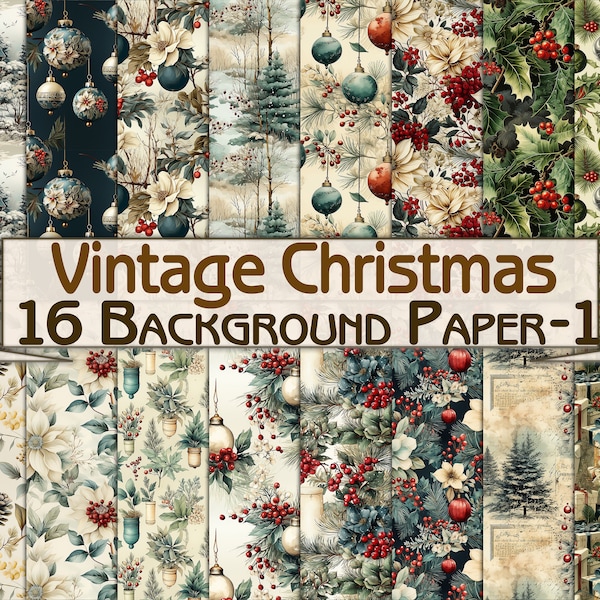 Vintage Kit Achtergronden Kerstprint, Collagebladen, Kerstafdrukbare 16 pagina's