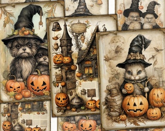 Páginas imprimibles del diario basura de animales de Halloween vintage, collage de imágenes de fondo, papeles efímeros