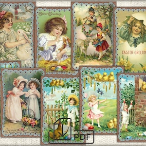Set di cartoline vintage Pasqua Primavera-2, collage di immagini digitali stampabili
