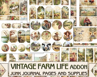 May include: A collection of vintage-style farm life ephemera, including tags, circles, and journal pages. The designs feature pastoral scenes with animals, farmers, and landscapes in soft, muted colors. The text "VINTAGE FARM LIFE ADDON" is displayed.