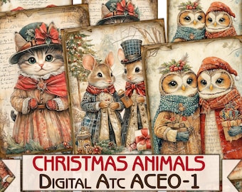 Vintage Christmas animals picture collage printable cards atc + BONUS,xmas decoupage digital papers set-1