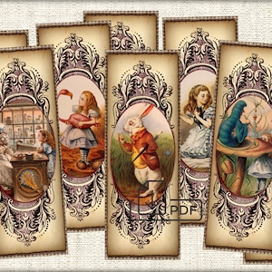 Marque-page numérique vintage Alice au pays des merveilles, étiquettes éphémères imprimables pour journal indésirable