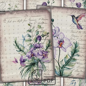 Colagem de imagens efêmeras florais, folhas de colagem aquarela de orquídeas, cartão para impressão