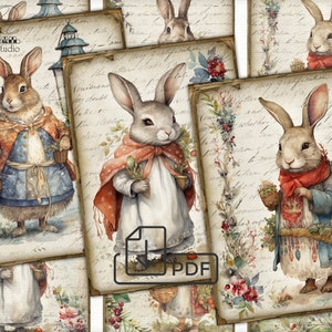 Coelho de inverno vintage, cartões para impressão de imagens digitais com colagem Atc ACEO