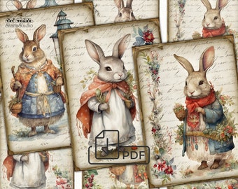 Vintage winter rabbit,Collage Digital picture printables cards Atc ACEO