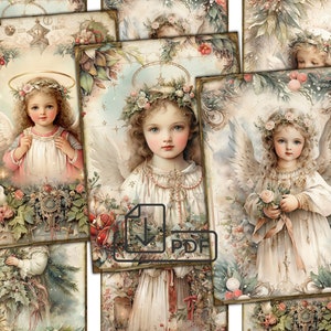 Kolaż zdjęć aniołów bożonarodzeniowych do wydrukowania kartki atc, zestaw cyfrowych papierów decoupage na Boże Narodzenie-2