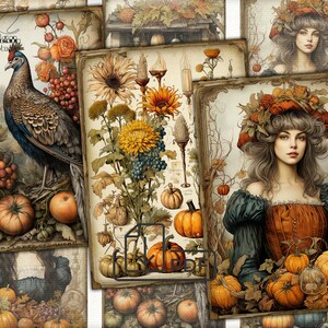 Könnte beinhalten: Eine Collage aus Vintage-Illustrationen mit Herbstmotiven. Die Bilder zeigen einen Fasan, Kürbisse, Trauben, Sonnenblumen und eine Frau mit einer Blätterkrone. Die Bilder sind im rustikalen Stil mit einer warmen Farbpalette gehalten.