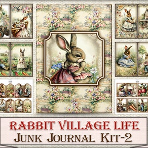 Vintage Bunny Collage Junk Journal Kit-2 printable Rabbit village life