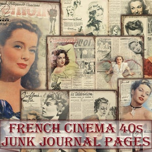 Páginas de colagem para impressão de diário de lixo de moda vintage, cinema francês dos anos 40
