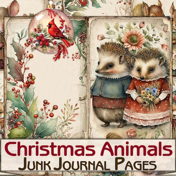 Christmas animals Junk Journal Kit,Printable Collage Pages