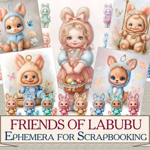 Friends of Labubu druckbare Ephemera für Scrapbooking, 12 Seiten fabelhaftes Digital Collage Papier