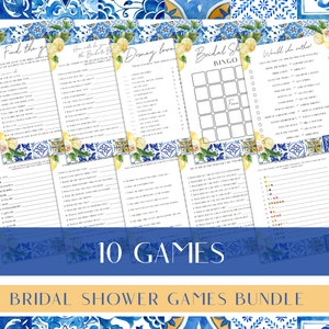 Blue Tiles Lemon Bridal  Shower Game Bundle, Mediterranean Bridal Shower Games, Bridal Shower Game Idea, Bridal Shower Instant Download