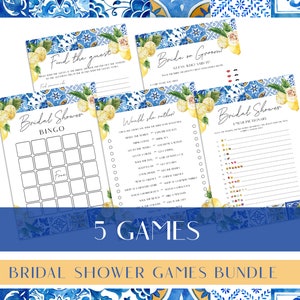 Blue Tiles Lemon Bridal  Shower Game Bundle, Mediterranean Bridal Shower Games, Bridal Shower Game Idea, Bridal Shower Instant Download