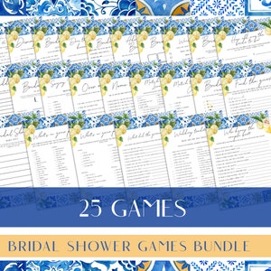 Blue Tiles Lemon Bridal Shower Game Bundle, Bridal Shower Mediterranean Printable, Bridal Shower Game Idea, Bridal Shower, 25 game bundle