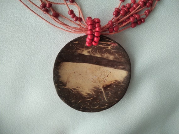 Vintage medallion, Pendant necklace, Old wooden a… - image 3