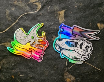 Holographic Pride Dinosaur Stickers: T-Rex & Triceratops
