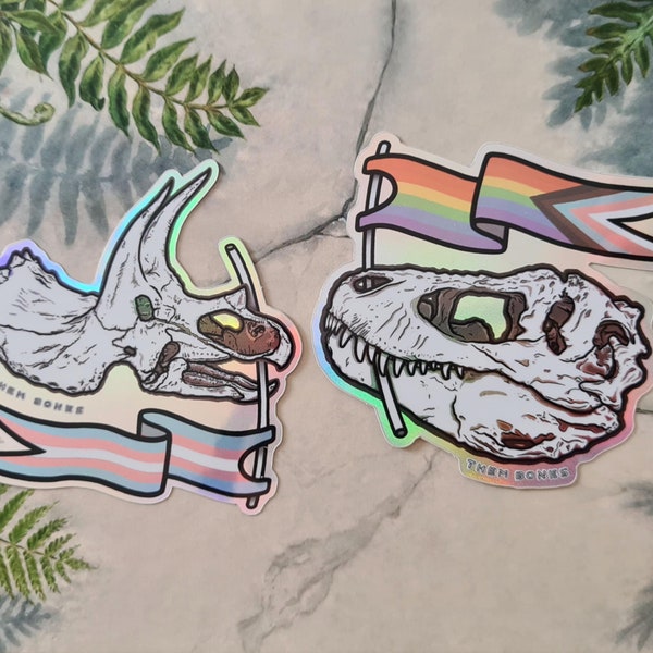 Holographische Pride Aufkleber - Tyrannosaurus & Triceratops - Hochwertiges gestanztes Vinyl