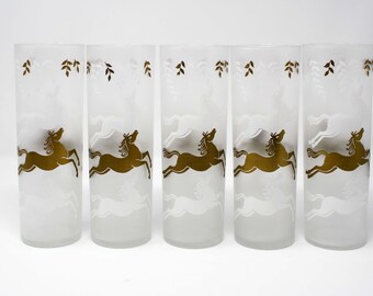 Libbey White and Gold Frosted Horses, Tom Collins Glasses