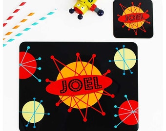Retro Space Personalised Kids Placemat and Coaster Set - Customised Name Tableware for Boys - Custom Place Setting