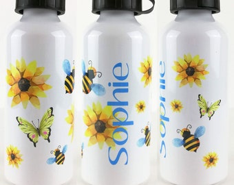 Personalised Water Bottle for kids - Bees, Flowers & Butterflies  - Metal School Water Bottle - Gift for Girls
