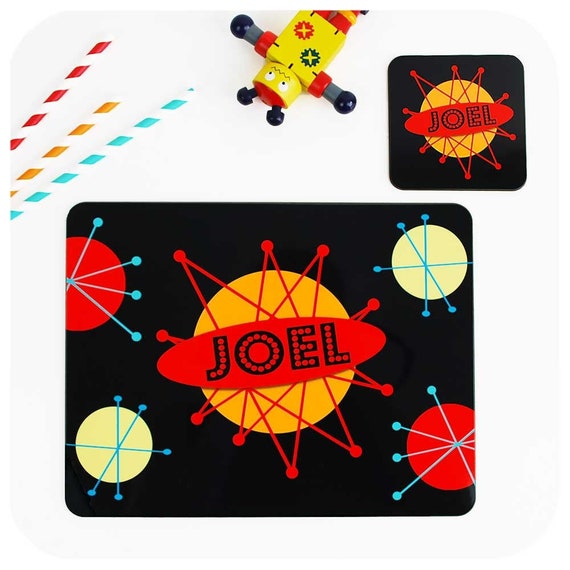 Kids Dinner Table Placemat Set & Coaster Personalised Comic Rocket for Boys