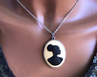 Black and Ivory Cameo Necklace for Women in a Plain Setting