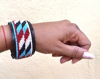 Blue White Black Blue Multicolored Maasai Kenyan Beaded Cuff Bracelet for Women and Girls