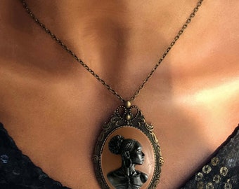 Bronzed African American Cameo Necklace-Brooch for Women