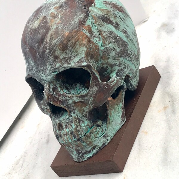 Verdigris Skull Bronze Copper Tarnish Sculpture Desk Accessory