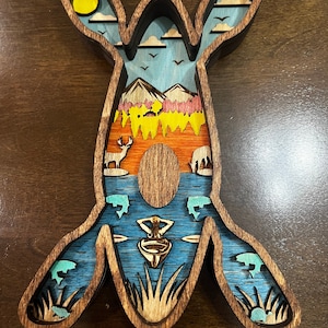 Layered Kayak Wood Art Digital File Only. SVG File Type. 8 Layers - Deer, Fish, Kayaker in Mountain Scene.