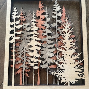 Layered Forest Design for Laser Cutting. 4 Layers, Two Separate Designs. 10.8” Tall by 9.3” Wide. Digital SVG File Only. Wall Hanging Trees.