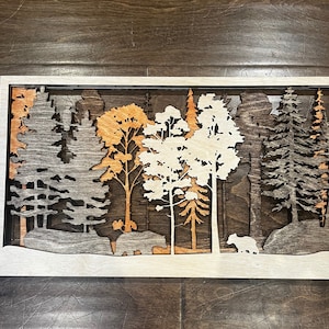 Disegno di foresta a strati per taglio laser, solo file digitale SVG. Decorazione da parete/Shadow Box. 28x48 cm, facile da ridimensionare. 2 disegni, Orsi e Alberi