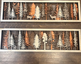Archivo de corte láser para colgante de pared de bosque en capas. Dos diseños (ciervos y árboles). 4 capas. 14 x 48 cm. Solo archivo SVG. Producto no físico.
