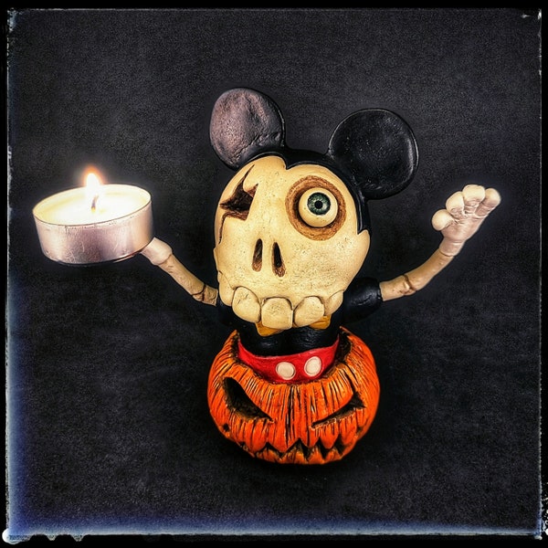 Halloween Mickey Mouse mask/costume skeleton figurine - Creepy cute monster sculpted w/ air dry clay around a recycled small plastic bottle