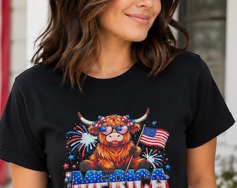 T-shirt patriotique Highland Cow pour femmes | T-shirt graphique America ‘Merica USA