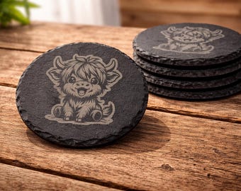 Highland Cow Slate Coasters – Set of 4 Engraved Rustic Farmhouse Drink Coasters