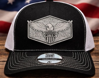 USA 250 Anniversary Hat – Custom Richardson 112 Trucker Hat with Engraved Leather Patch